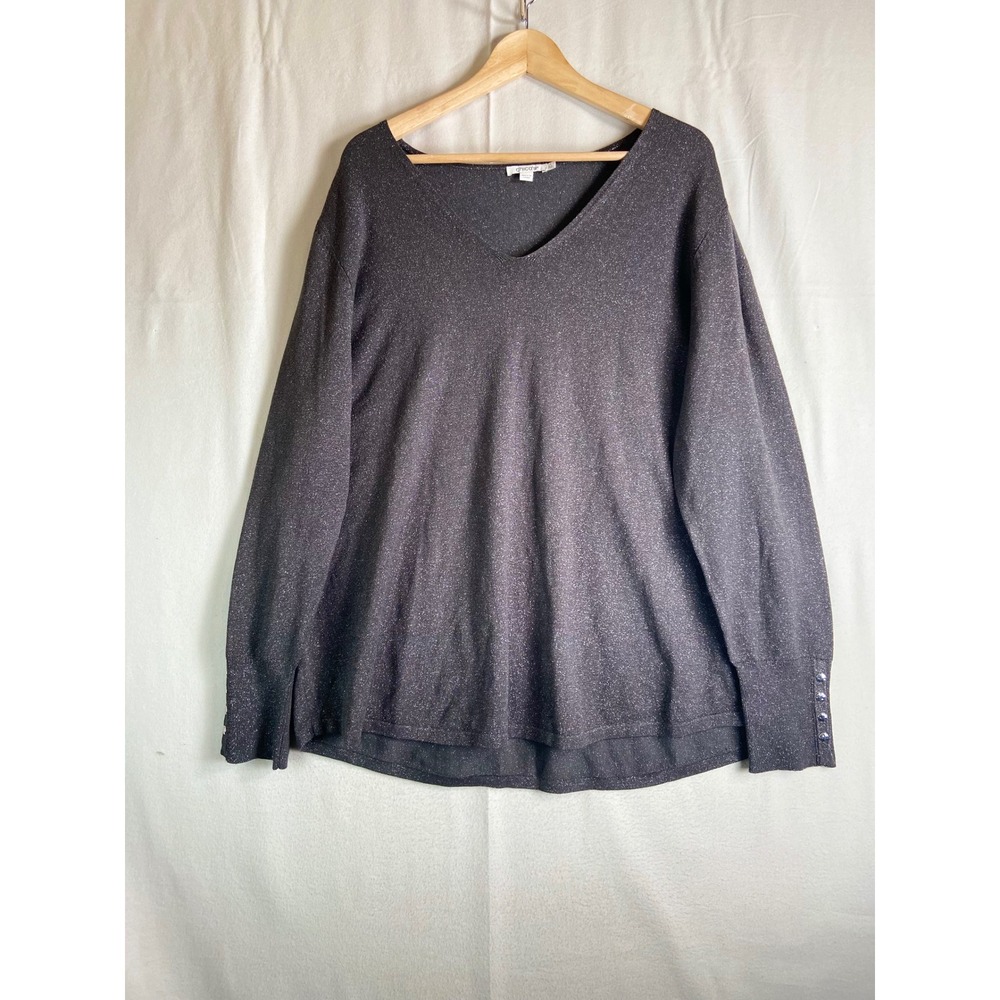 Chicos Metallic Shimmer V-Neck Sweater Womens 4 XXL Charcoal Button Cuff NWT
